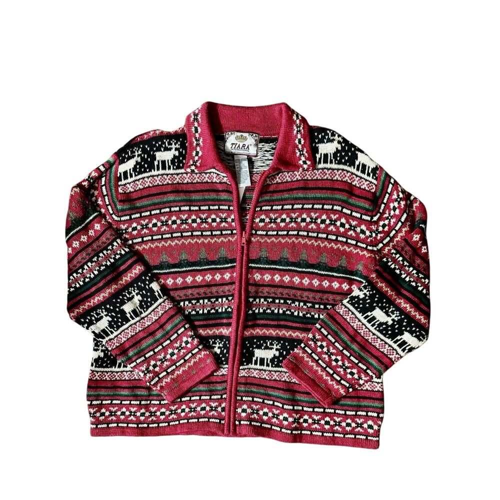 Tiara International Fair Isle Vintage Zip Cardigan Sweater Womens XL Holiday